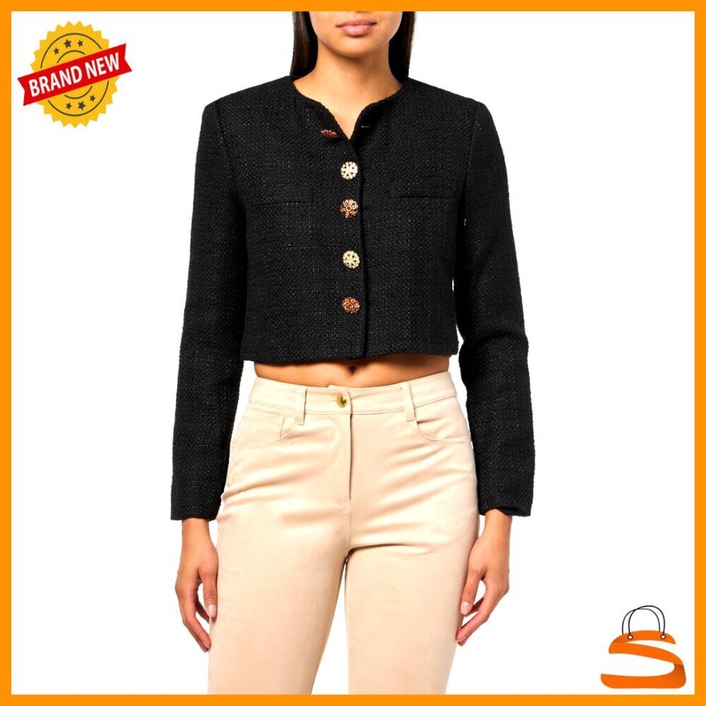 Tweed Cropped Jacket Slim Fit Knitted Textured Wool Blend Jeweled Buttons Chic